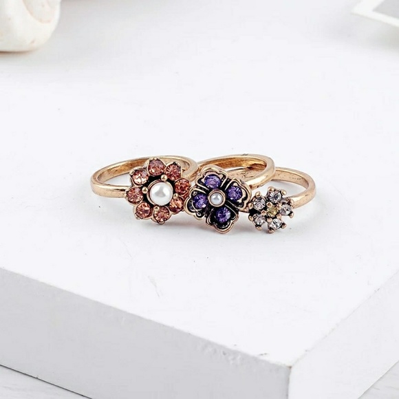 Purple Crystal Pearl Gold Vintage Stackable Rings - Picture 7 of 8